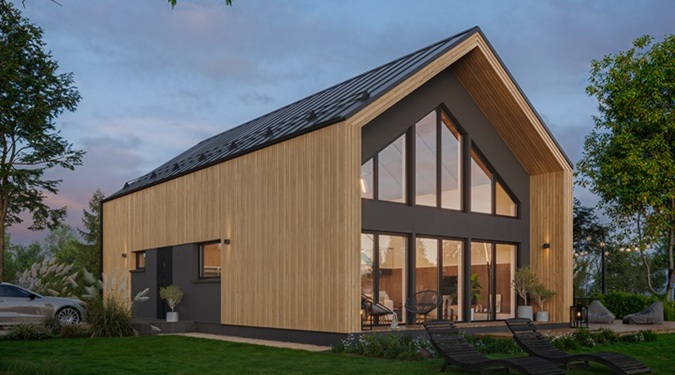Contemporary barn-style retreat homes with large glass facades and terraces.