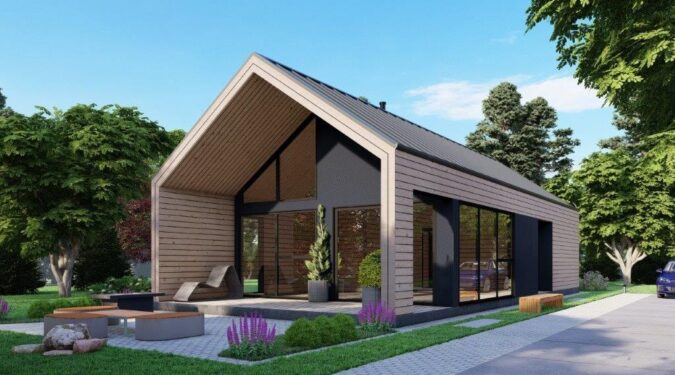 Row of luxury barn-style cabins blending contemporary design with natural surroundings